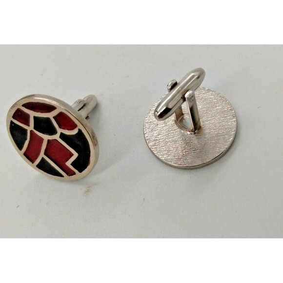 Vintage Men's Round Cuff-links  Silvertone Red & Green Enamel - Picture 4 of 7